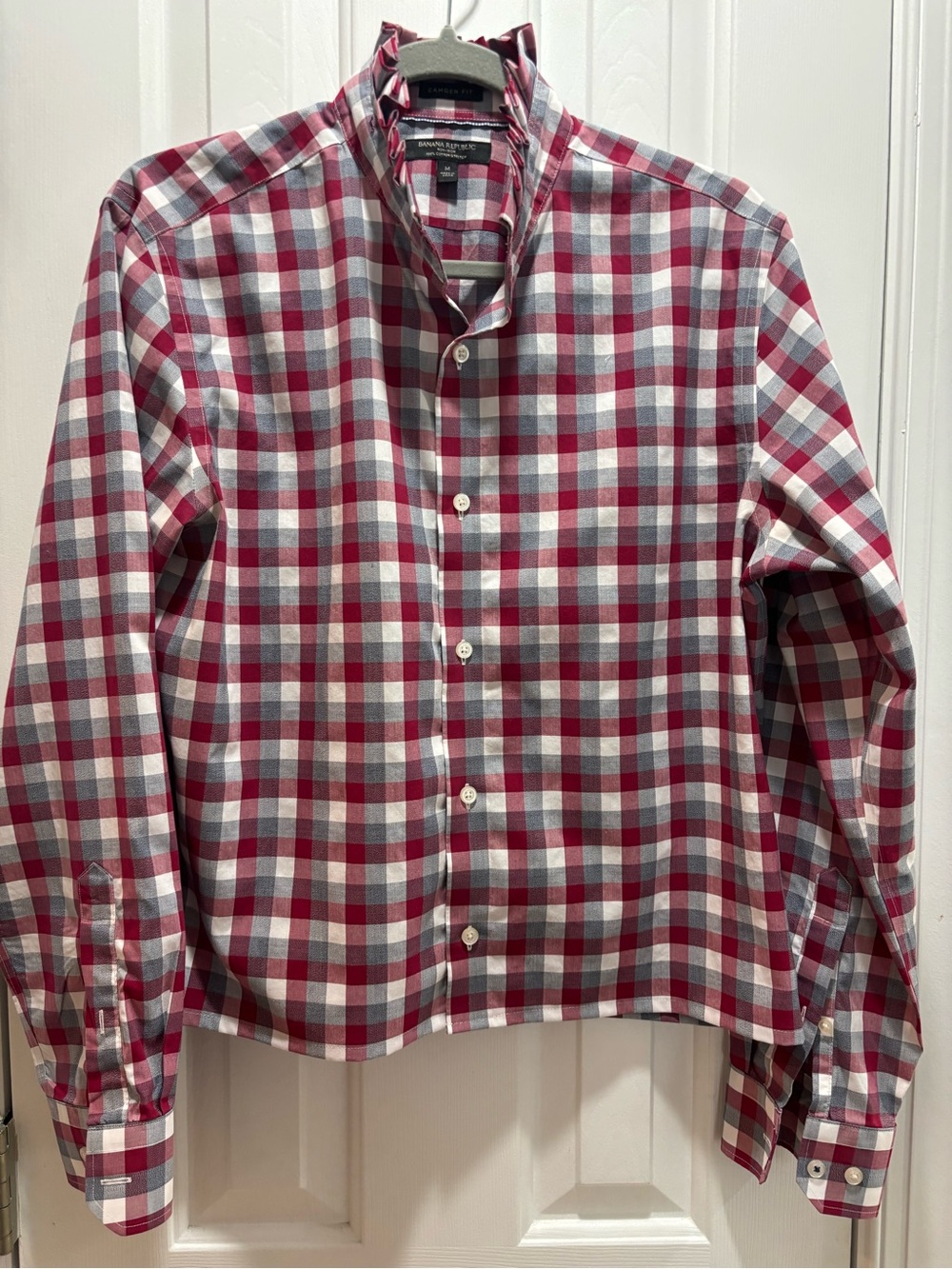 Banana Republic Women’s Red, White and Gray Checked Button-Up Blouse